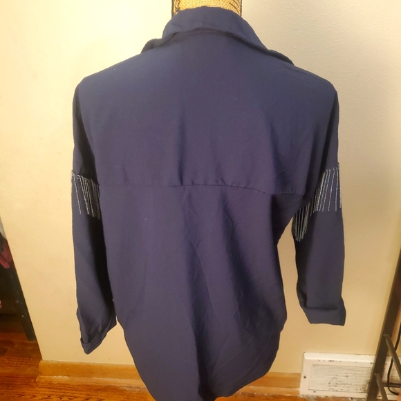 Zara Basic Navy Blue Fringe Metallic 3/4 Sleeve Snap Button Collar Neck … - Picture 2 of 7